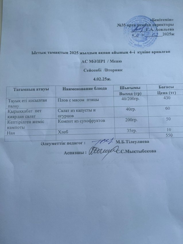 ас мәзірі/ меню
