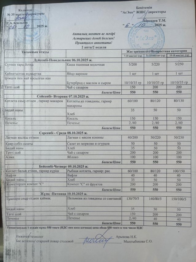 ас мәзірі/меню